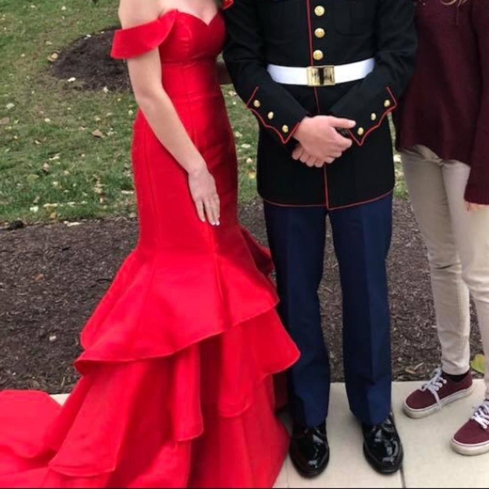 Red taffeta long corset prom dress